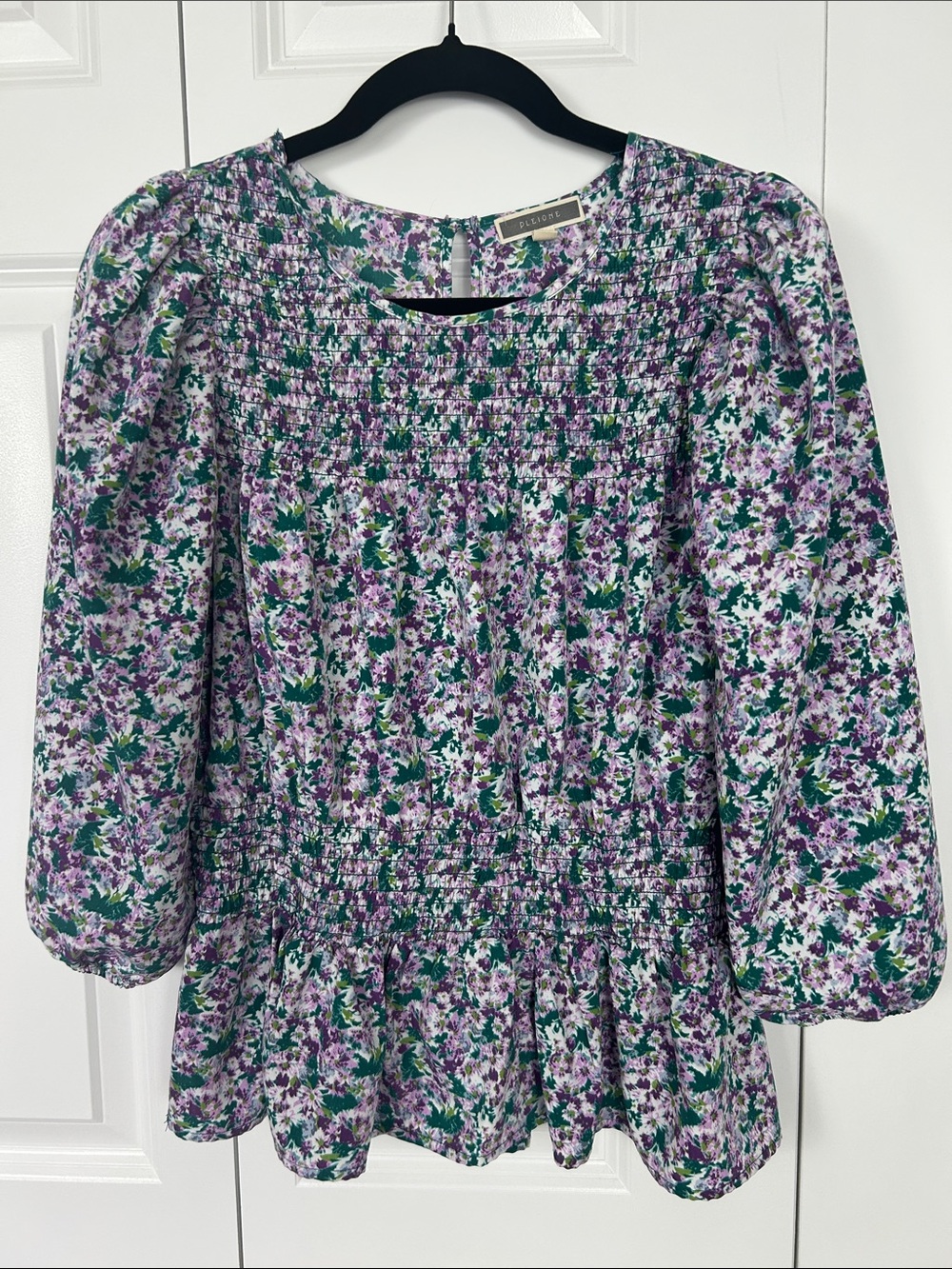 Pleione Purple Floral Smocked Peplum Blouse with Green Accents Size Medium